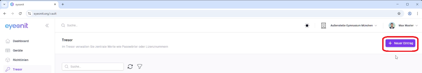 Neuen Tresoreintrag anlegen