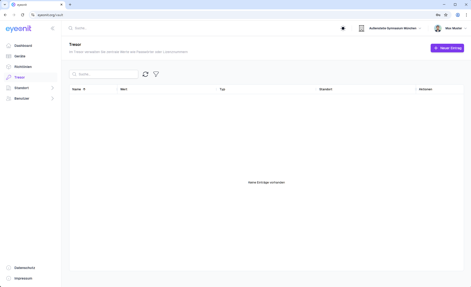 Tresor im Hauptmenü